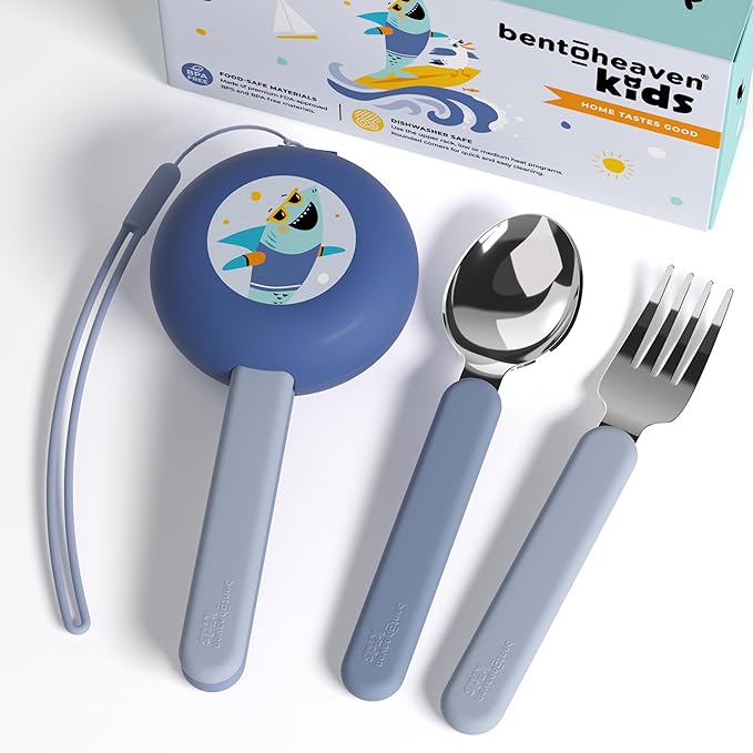 Bentoheaven Kids Travel Utensils with Case, Food-Grade Stainless Steel & BPA-Free Plastic, Travel Kid Cutlery Set, Dishwasher Safe Fork, Spoon & Case, Reusable Flatware, Silverware for Kids (Shark)
