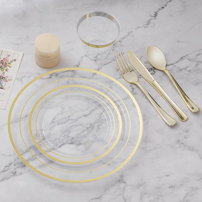 Plates Set, Clear Gold Disposable Plastic Dinnerware for 75 Guests