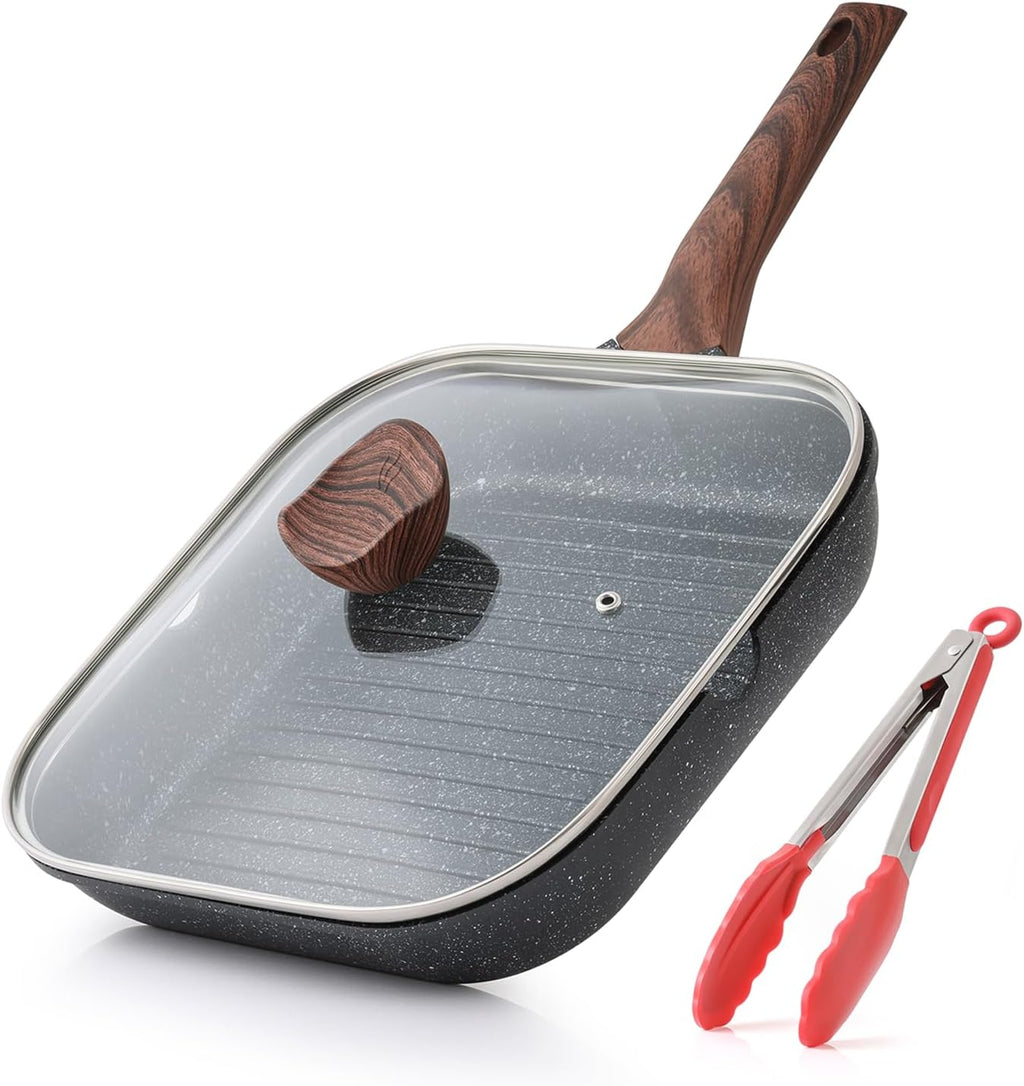 Nonstick Grilling Pan with Lid for Stove Tops, 11 Inch Square Grill Pan