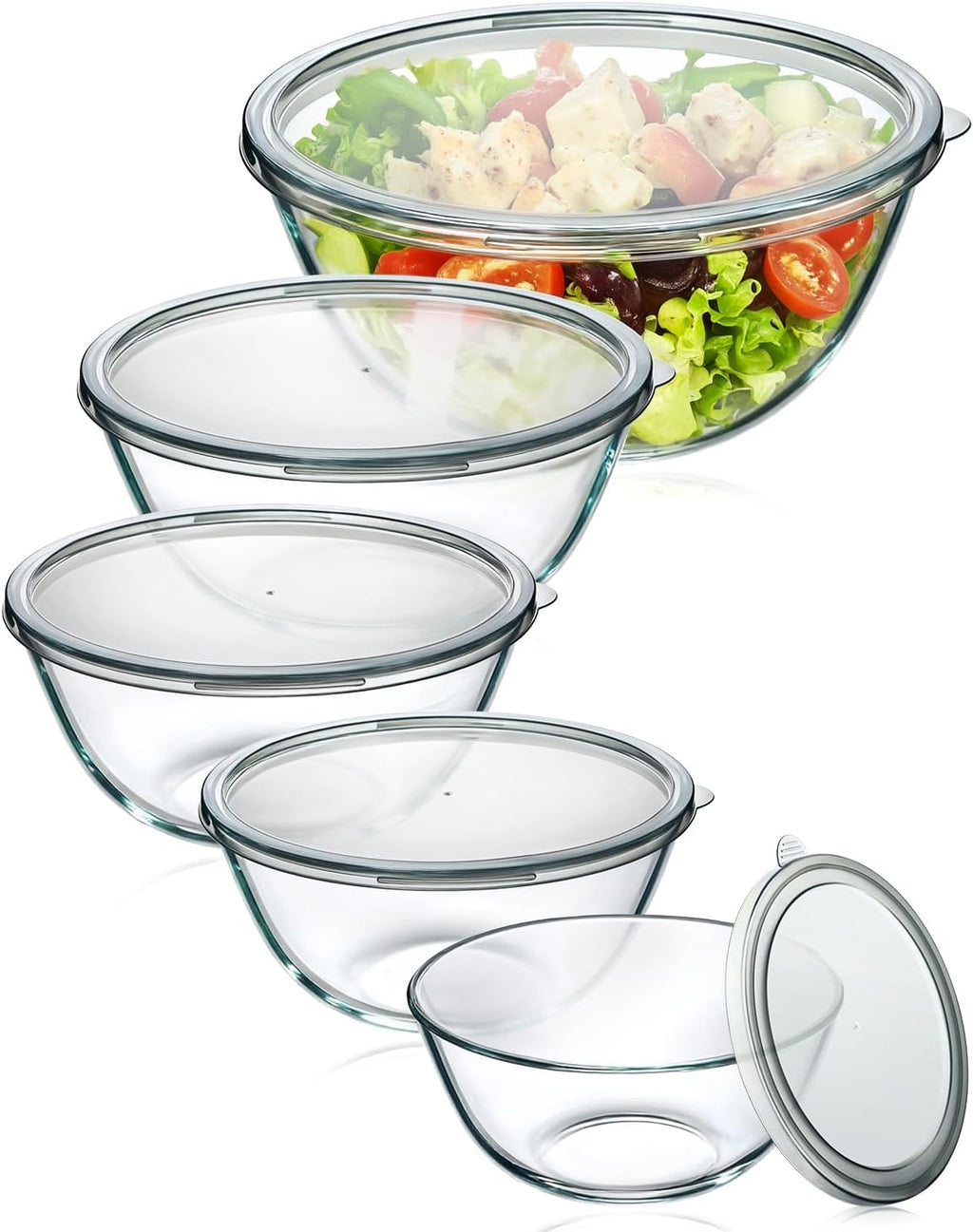 Glass Mixing Bowls with Lids Set of 5(4.78QT,2.2QT,1.7QT,1.1QT,0.85QT),Thick
