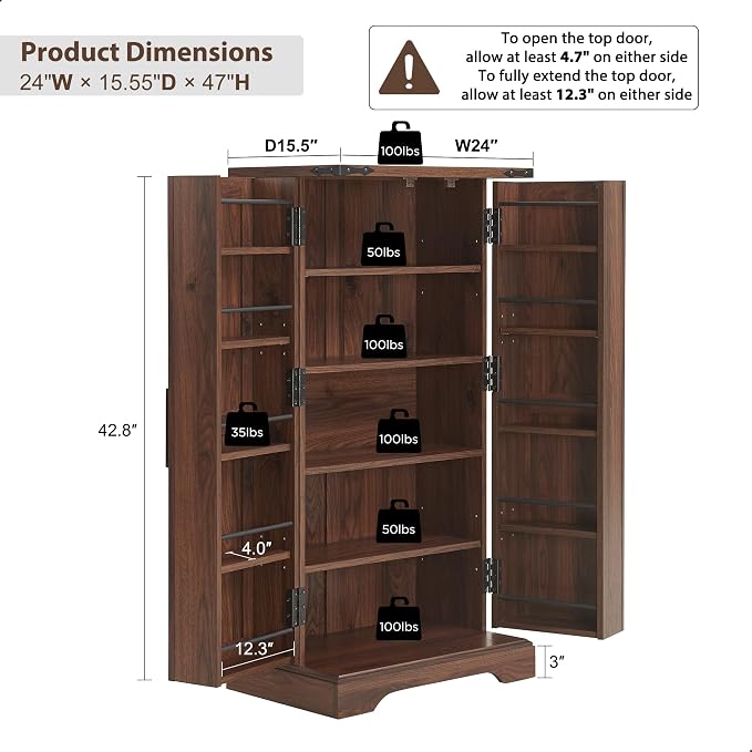 Pantry Cabinet with Barn Doors and Adjustable Shelves, Brown