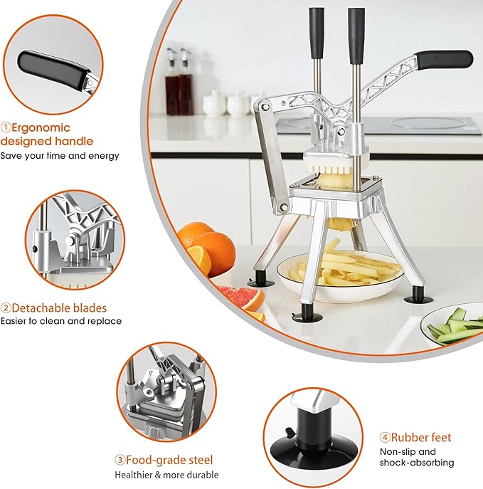 Commercial Vegetable Chopper Potato Dicer & Fruit Slicer, Stainless Steel French Fry Cutter with 3 Replacement Blades(1/2 Inch, 3/8 Inch and 1/4 Inch Blades) for Restaurants & Home Kitchen