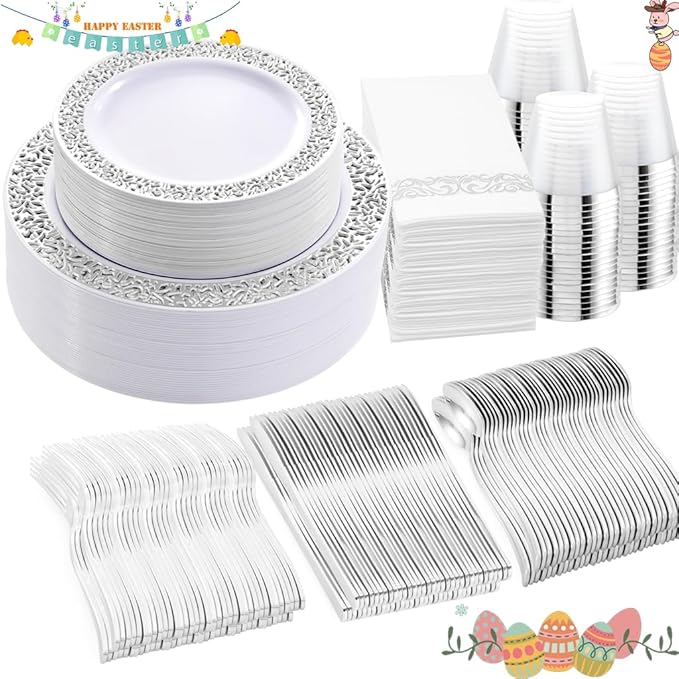 Plates for 50 Guests in Round Silver Plastic, High-Gloss Finish