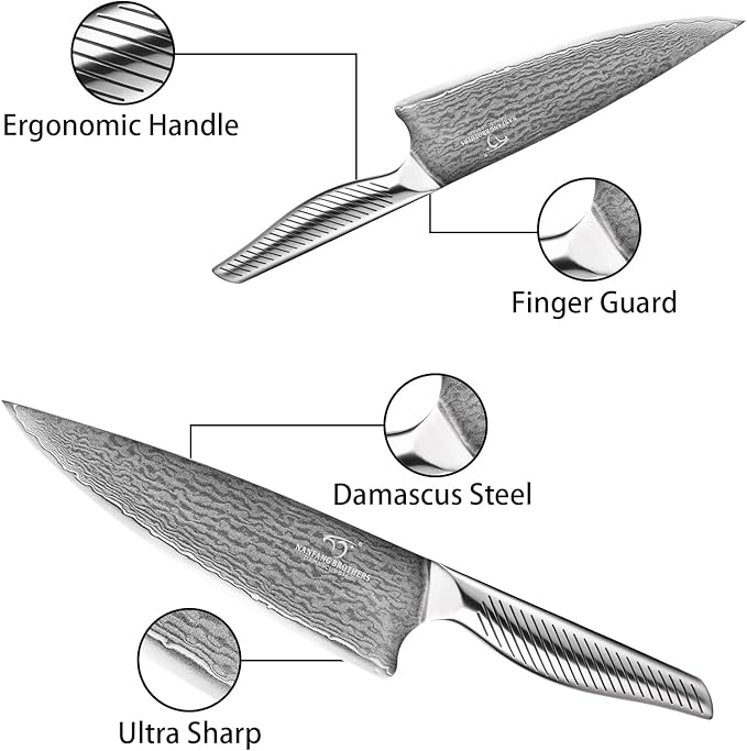 NANFANG BROTHERS® Kitchen Knife Set with Magnetic Knife Holder, 6-Piece Damascus Steel Knives & Acacia Wood magnetic Block - Includes Chef, santoku, Bread, Small Santoku, Fruit Knives