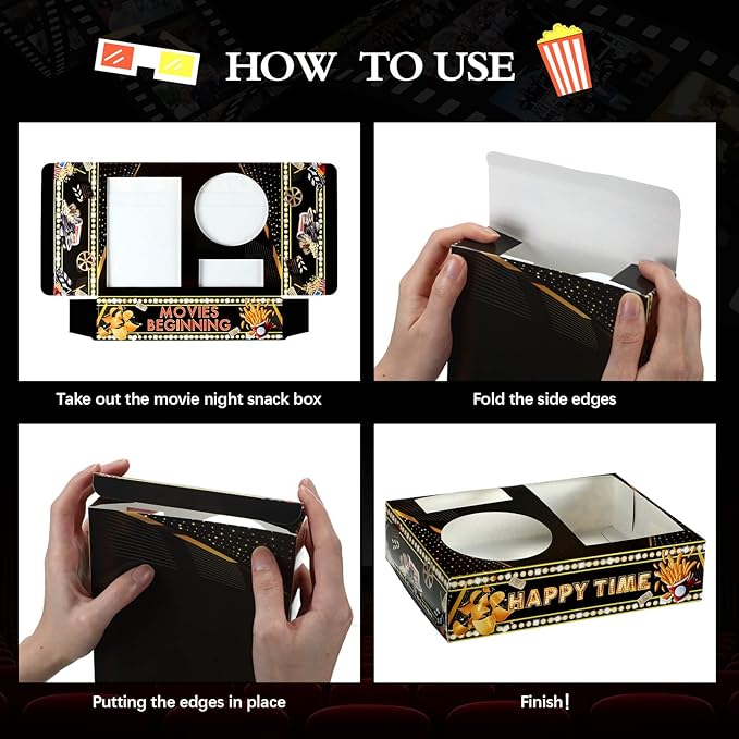 Movie Snack Bowls 36 Pack, Black and Gold Disposable Paper Trays