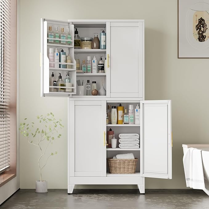 Freestanding Pantry Cabinet, Metal, 4 Doors, 4 Shelves, White