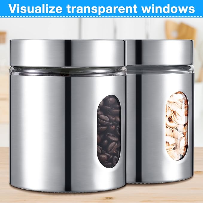 Mimorou 6 Pack Kitchen Canisters Set Airtight Coffee Sugar Tea Candy Storage Jars with Window Glass Stainless Steel Containers with Lids for Flour Cookies Spices Grains Kitchen Decorations(20 oz)