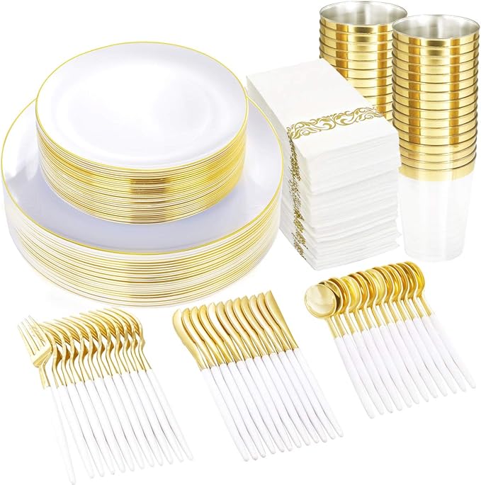 Disposable Plates Set, 350 Pieces, Gold Rim White Plastic for 50 Guests