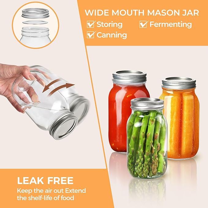 Glass Mason Jars 24 oz 6-Pack with Lids and Bands
