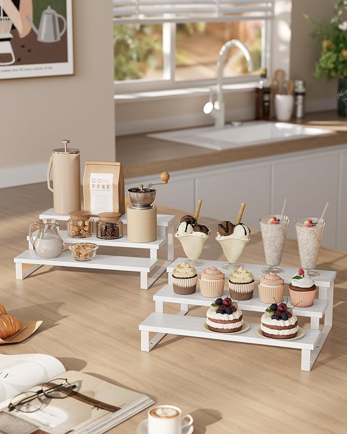 Spice Racks, 3-Tier Snow White Display Set of 2, Engineered Wood and Metal