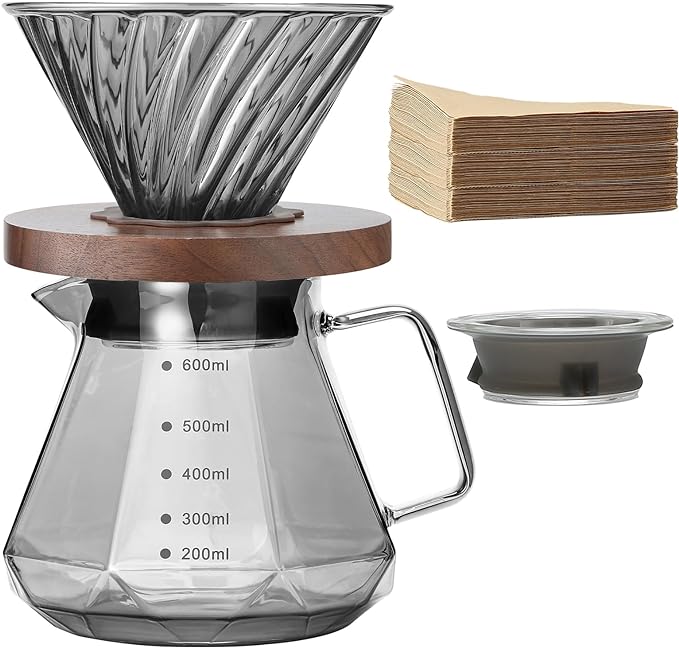 Pour Over Coffee Maker, 20 oz Borosilicate Glass Carafe with 100 pcs V60 Paper Filter, Walnut Handle & Glass Lid, Drip Coffee Maker for Home Café Restaurant Camping, 600 ml, Gray