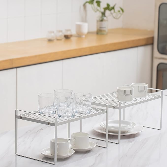Stackable Kitchen Cabinet Shelf Organizer, 2 Pack, White Metal Rack