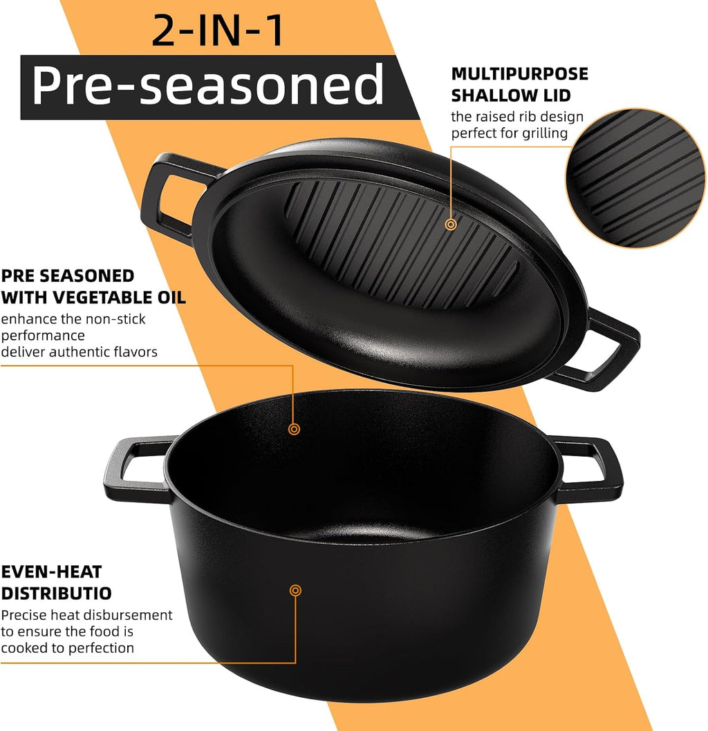 Dutch Oven, 5 Quart Pre-Seasoned Cast Iron with 10-Inch Skillet Lid