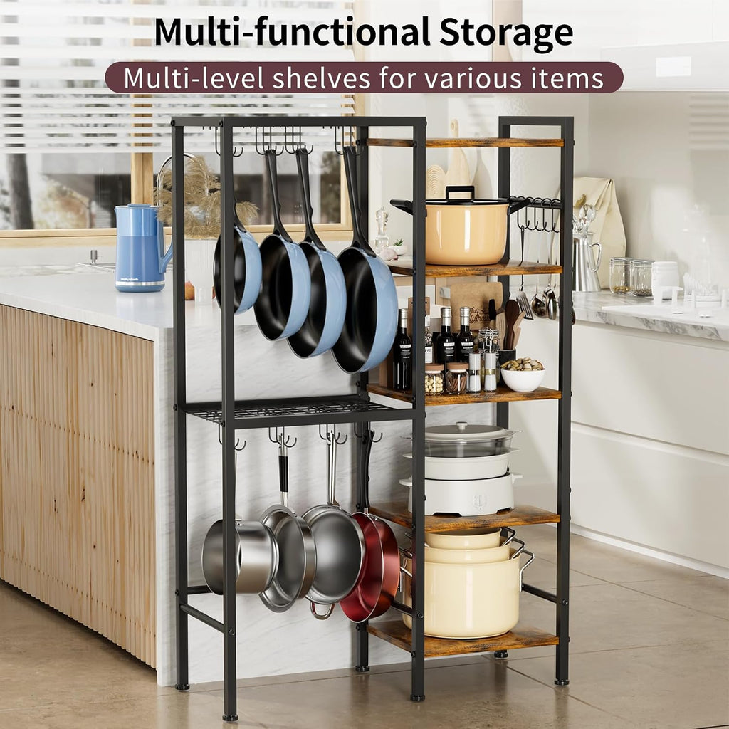5-Tier Pot and Pan Organizer Rack with Hooks, Heavy-Duty Kitchen Storage Shelf – close-up