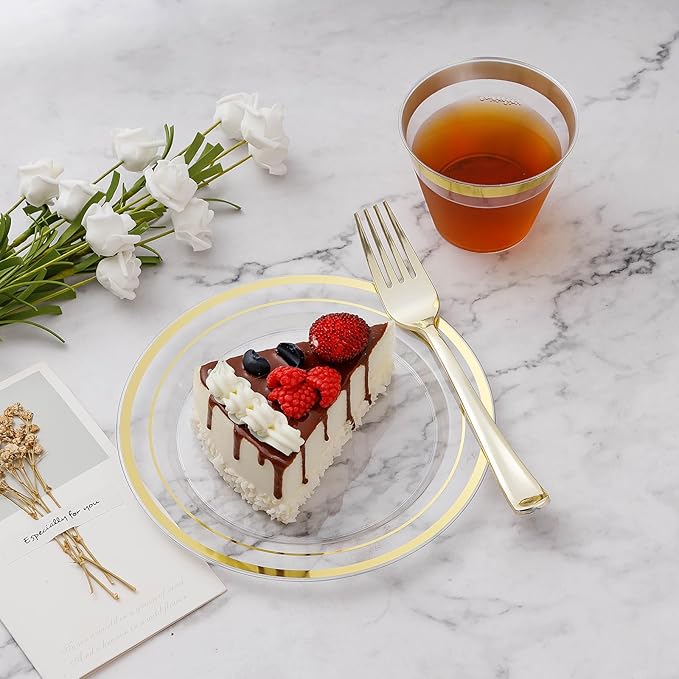 Plates Set, Clear Gold Disposable Plastic Dinnerware for 75 Guests