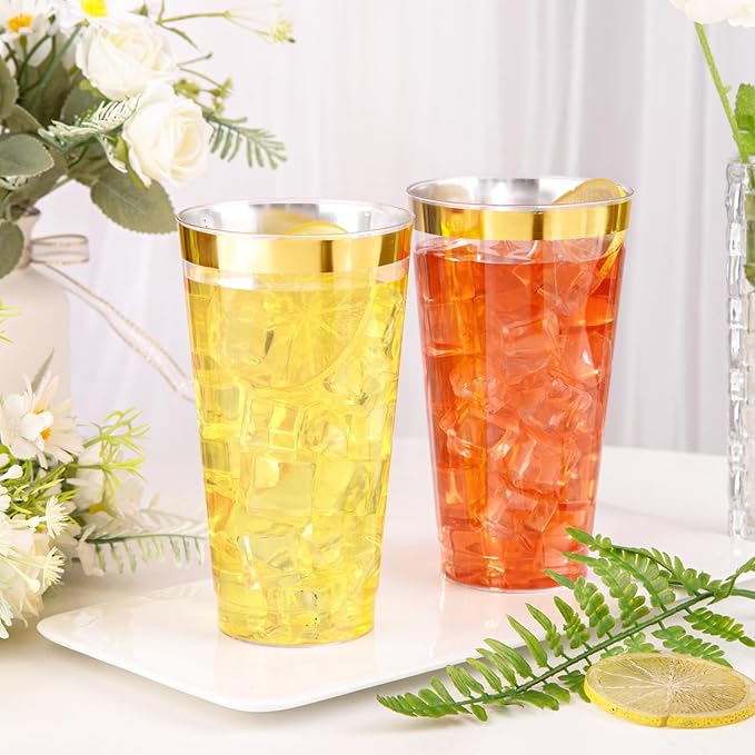 Cups, 16 oz Heavy Duty Clear Plastic with Gold Rim, 50 Count