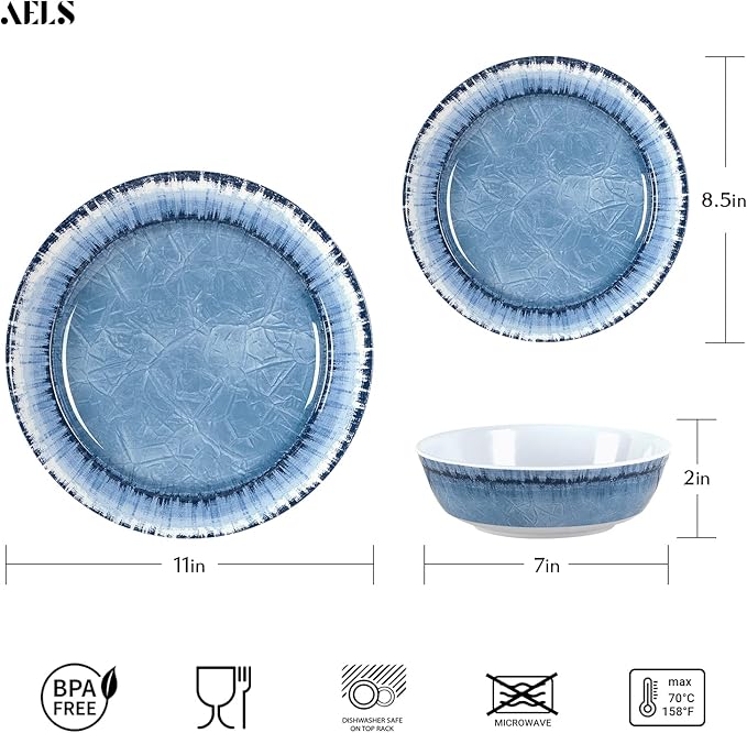 Melamine Dinnerware Set for 4, 12-Piece Navy Blue Round Dishes