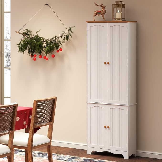 Pantry Cabinet, 72 Inch Tall with Doors and Adjustable Shelves in White