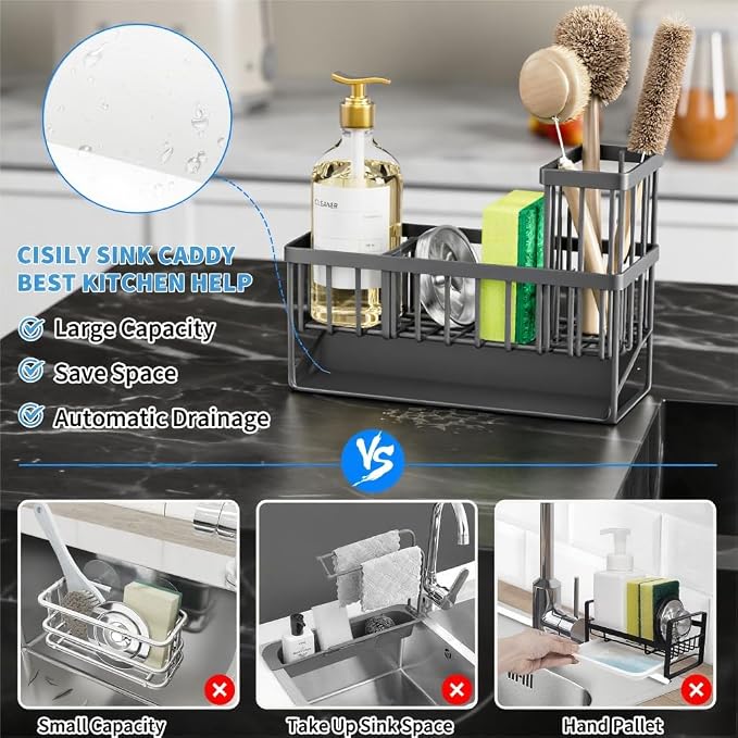 Kitchen Sink Caddy Organizer with Brush Holder, Stainless Steel, Dark Gray
