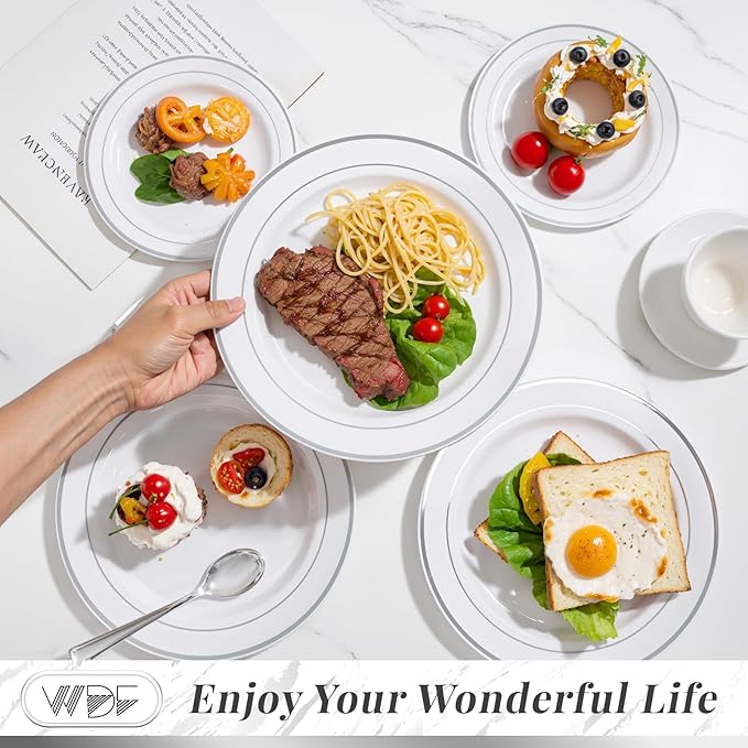 Party Plates Set for 50 Guests in White and Silver Hard Plastic