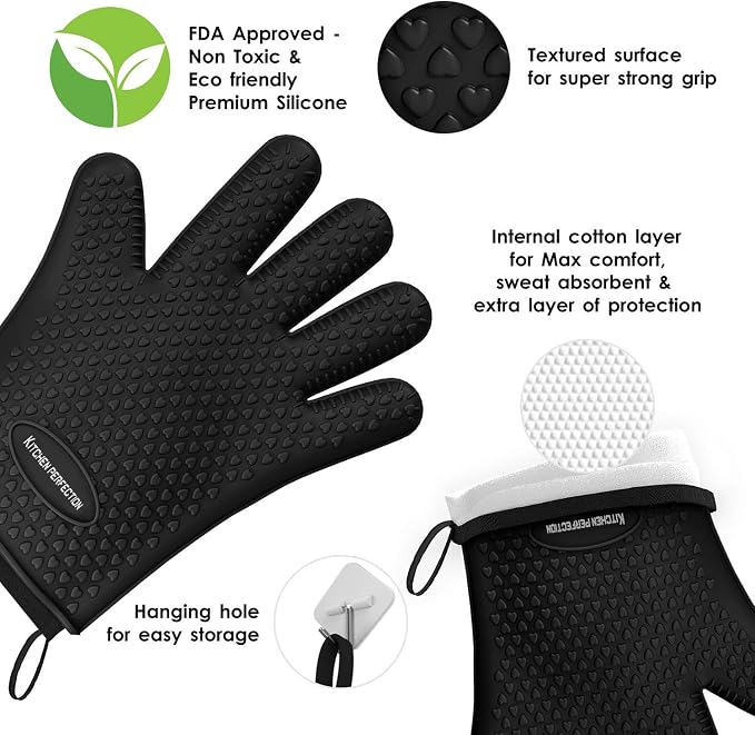 Silicone BBQ Oven Gloves, 12-Inch Deep Black Pair with Cotton Lining