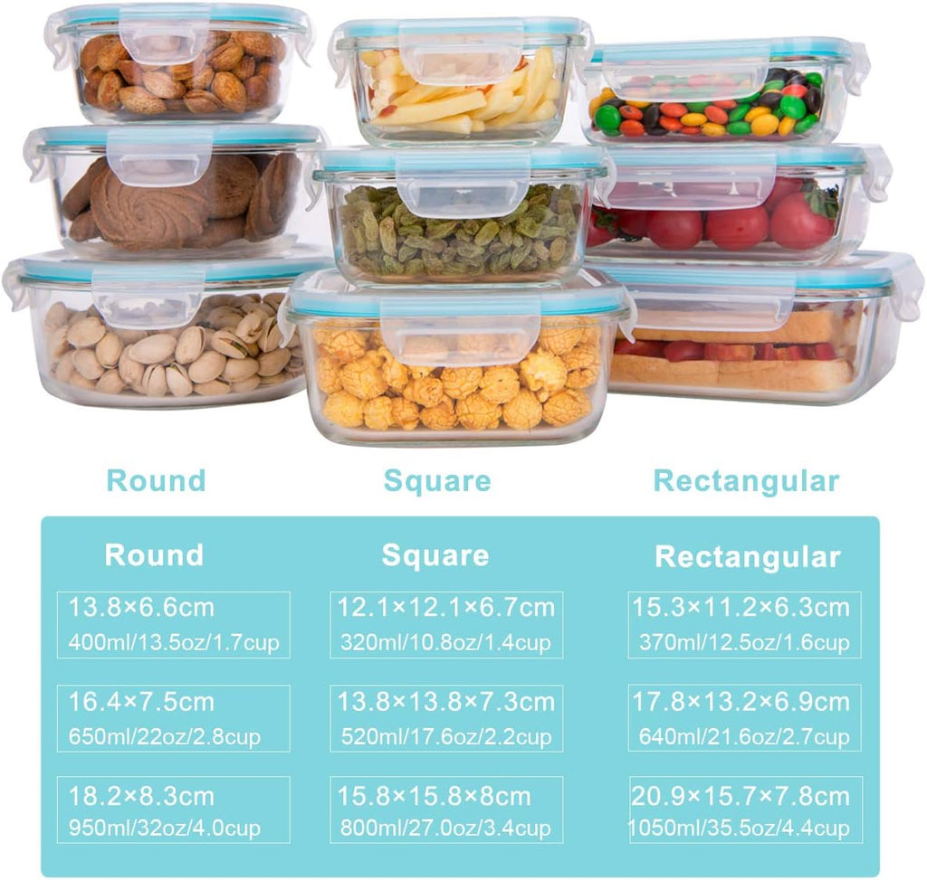 Container Sets: 9-Piece Borosilicate Glass Storage with Airtight Lids