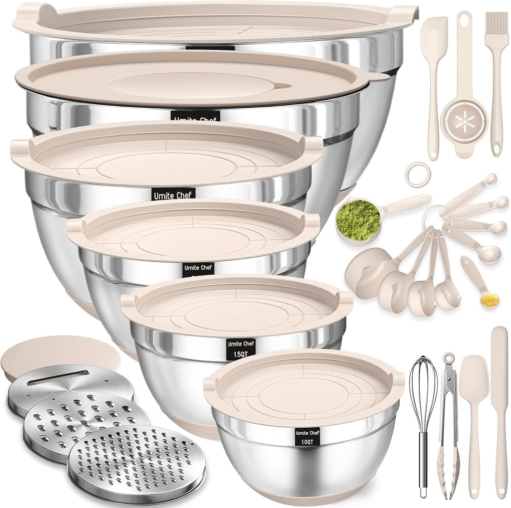 Mixing Bowls with Airtight Lids Set, 26PCS Stainless Steel Khaki Bowls