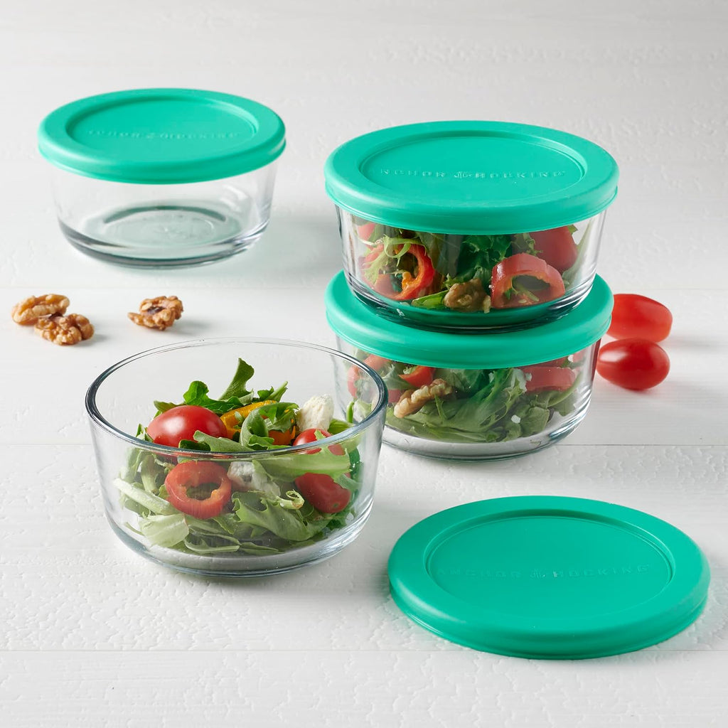 Glass Container Set, Four 2-Cup Round Containers with Mint Lids