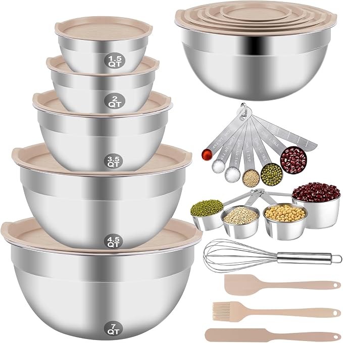 Stainless steel mixing bowls set with lids, 25 pieces, khaki