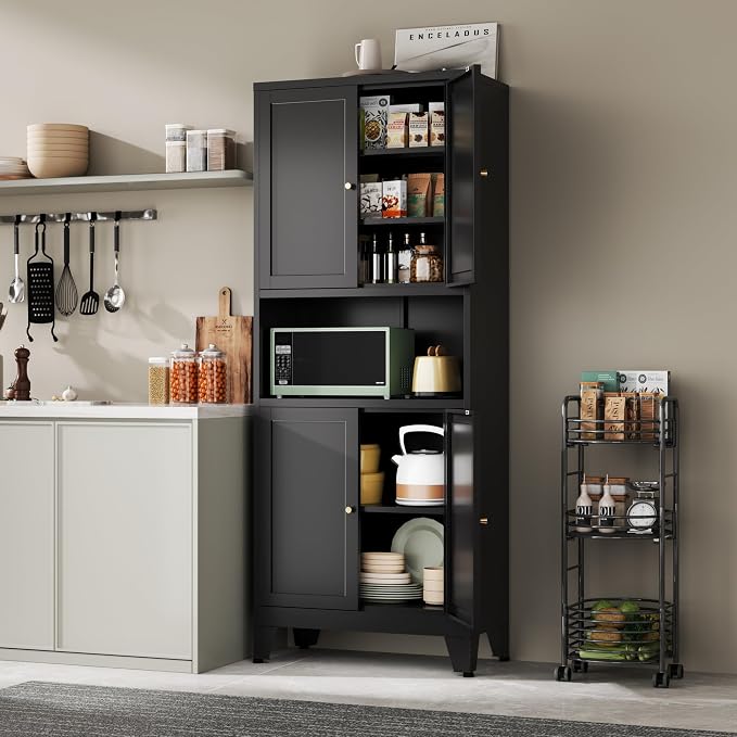 Pantry Storage Cabinet, 69 Inch Black Metal with 4 Doors and Microwave Shelf
