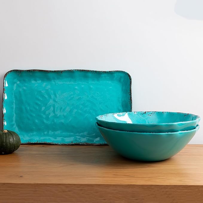 Serving Bowls Set of 2, Teal Melamine, 12-Inch Farmhouse Salad Bowls