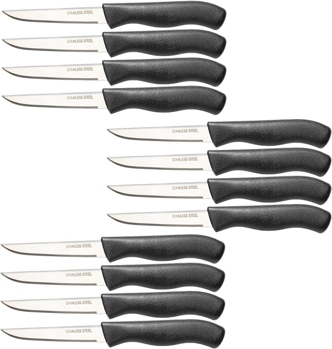 Paring and Garnishing Knife, 12-Piece Set, Knives with Straight Edge 3 Inch Blade, Stainless Steel, Spear Point, Fruit and Vegetable Cutting and Peeling, Black
