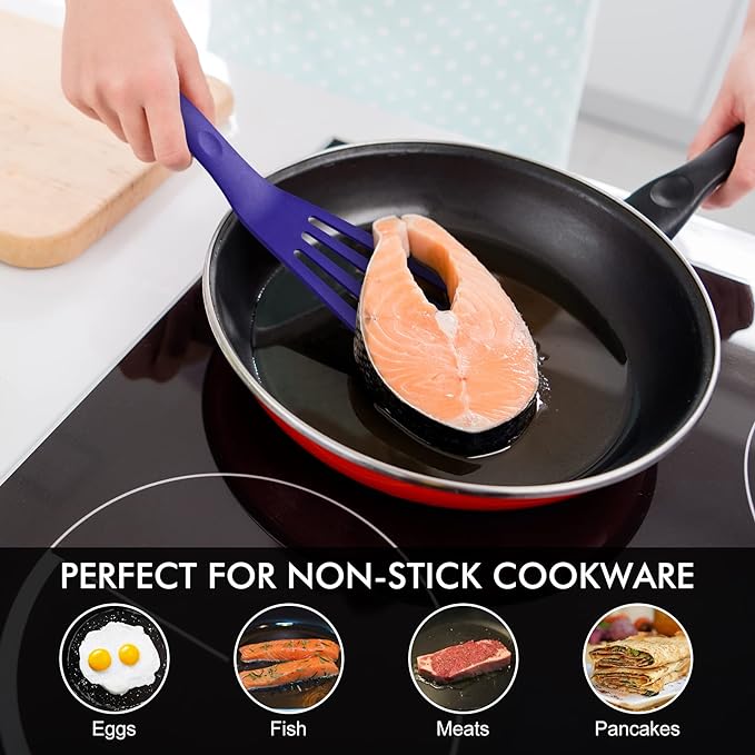 HOTEC 600℉ Heat Resistant Silicone Slotted Fish Turner Spatula Set, BPA Free Kitchen Cooking Spatulas, for Non Stick Cookware Dishwasher Safe Classic Blue, set of 2