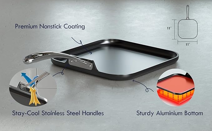 Griddle Pan, Hard Anodized Nonstick Aluminum with Stainless Handle, Black
