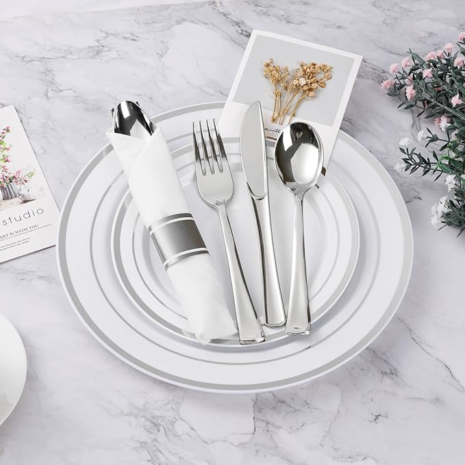 Plastic Party Dinnerware Set, 175 Pieces, White with Gold Rims