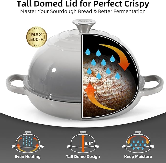 Davivy 5.5QT Enameled Cast Iron Dutch Oven, 10" Round Bread Dutch Oven, Sourdough Bread Baking Pan, Enameled Cast Iron Bread Oven, with Silicone Oven Mitts - Light Grey