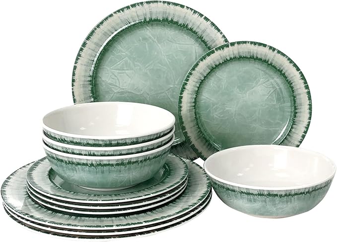 Melamine Dinnerware Set for 4, 12 Pieces, Sage Green Plates and Bowls