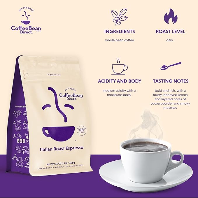 Coffee Bean Direct Italian Roast Espresso, Whole Bean Coffee, Dark Roast, 1 Pound Bag (Pack of 1)