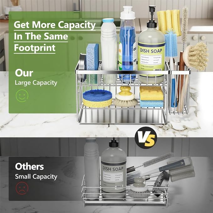 Stainless Steel Kitchen Sink Caddy with 2-Tier Silver Sponge Holder