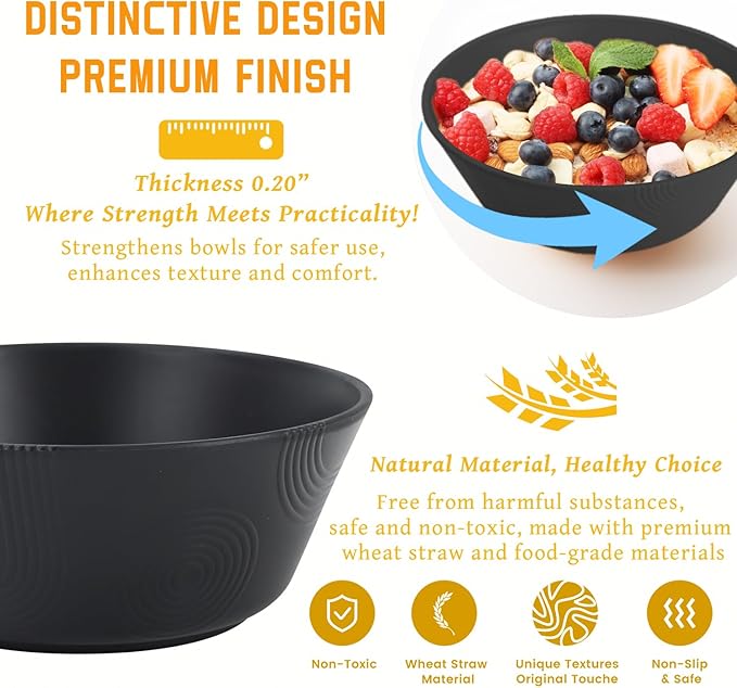 Bowl Set, 6 Pieces Black Wheat Straw Soup and Cereal Bowls