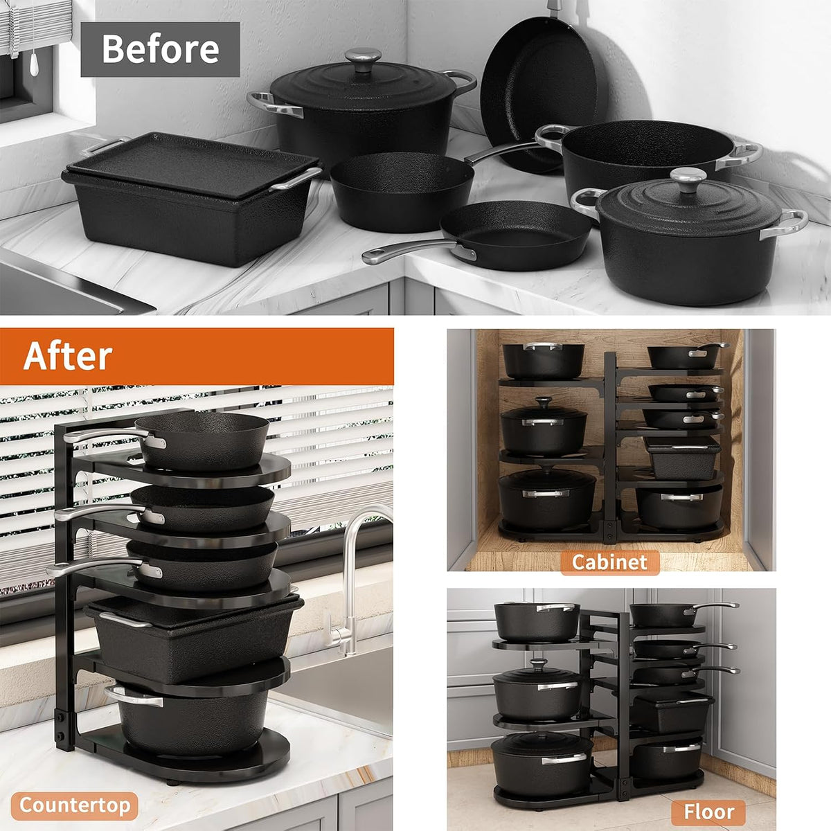Adjustable Heavy Duty Pots and Pans Organizer Under Cabinet, 8-Tier Pot and Pan – size reference