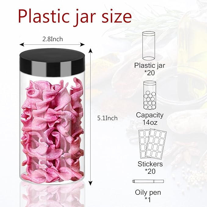 Clear Plastic Food Storage Jars 14 oz 20 Pack with Lids and Labels