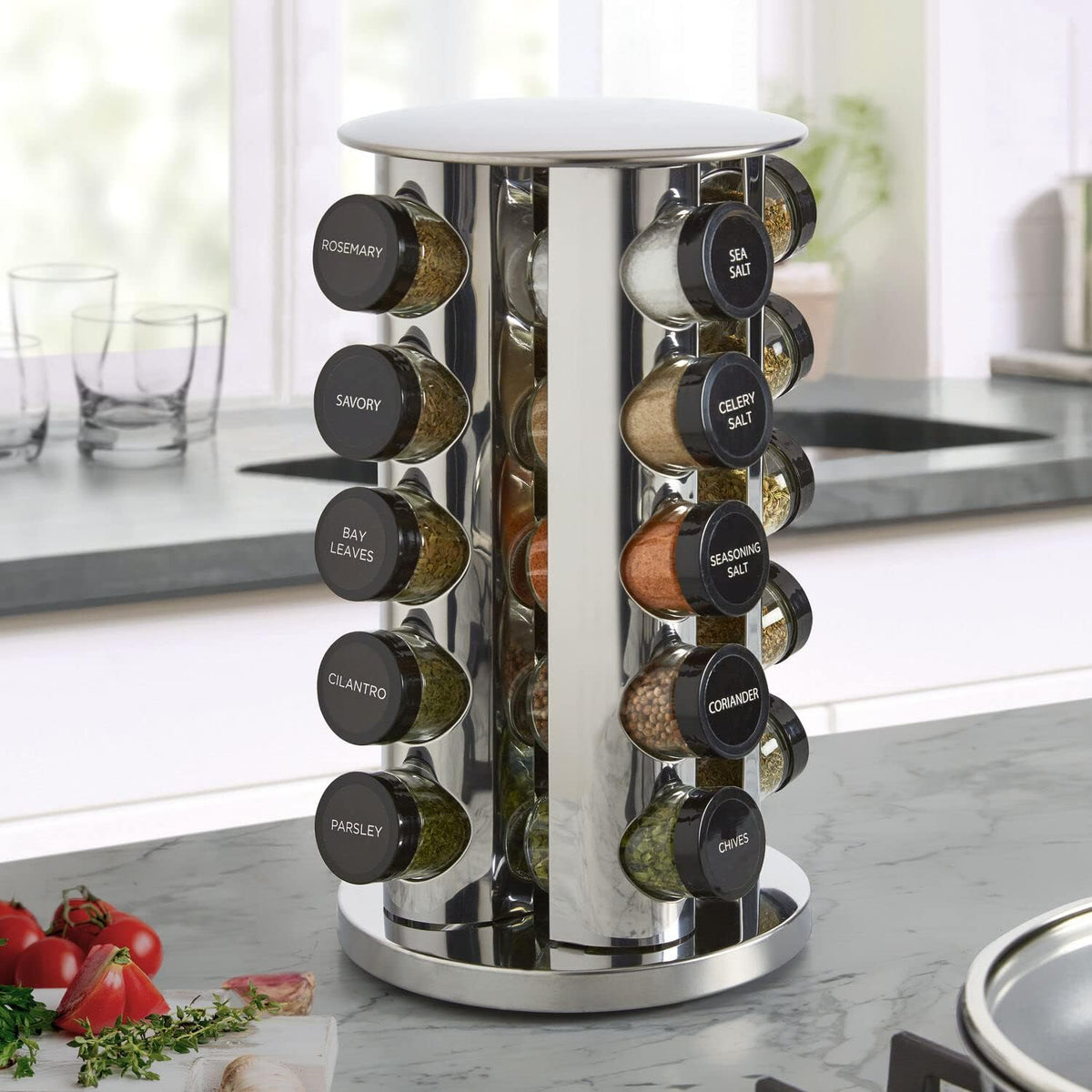 20 Jar Revolving Countertop Spice Rack with Spices Included, FREE Spice Refills – size reference