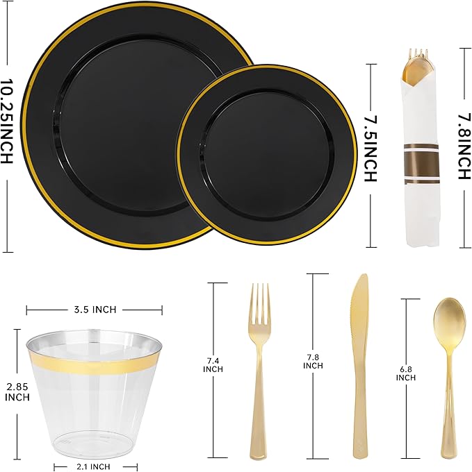 Disposable Plastic Plates Set, Black and Gold, 175 Pieces, Serves 25