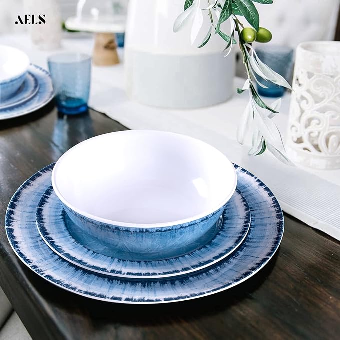 Melamine Dinnerware Set for 4, 12-Piece Navy Blue Round Dishes