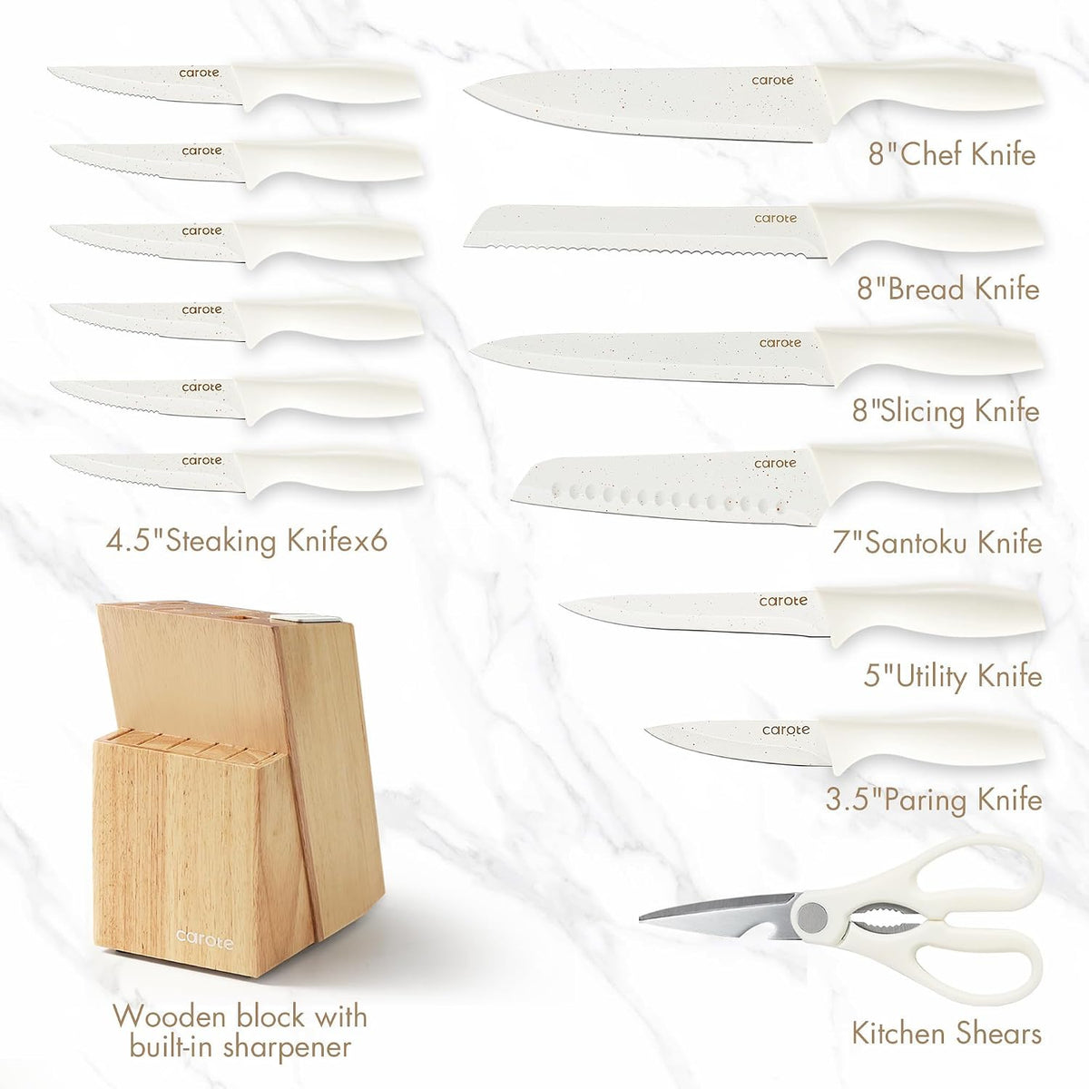 Knife Block Set, 15 Pieces, Modern White Blades with Wood Storage Block