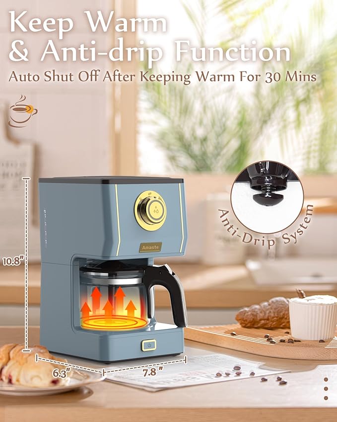 Amaste Coffee Maker, 5 Cup Coffee Pot with Three Brewing Modes, Retro Coffee Maker with Glass Carafe & Reusable Coffee Filter, Drip Coffee Maker Ideal for Home or Office, Keep Warm, Ash Blue