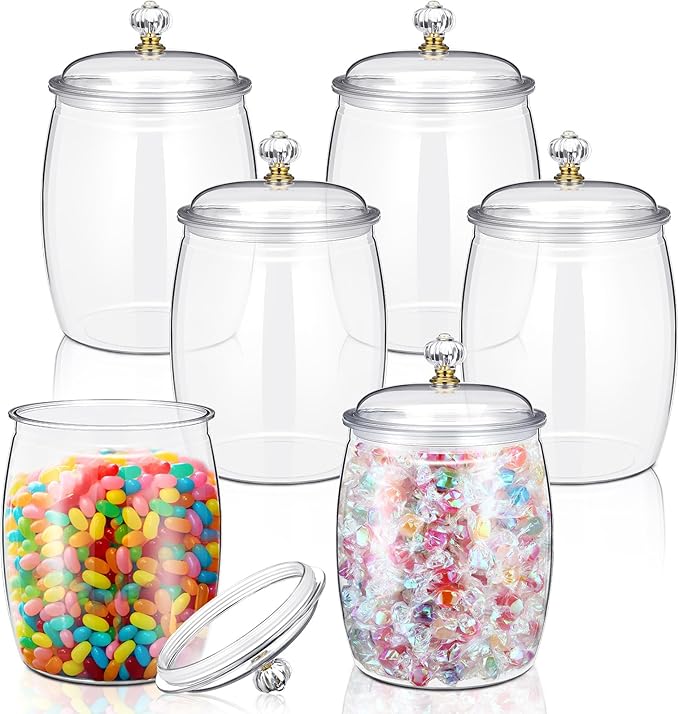 Food Jars Canisters, Set of 6 Clear Plastic with Lids, 42 oz
