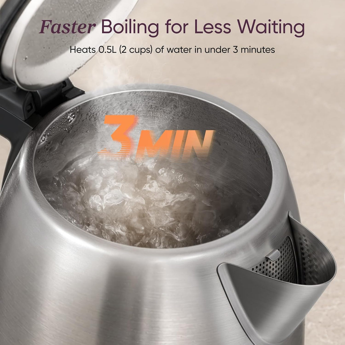 Stainless Steel Electric Kettle, No Plastic Contact with Water, 1.7L – close-up