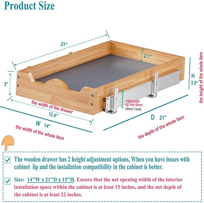 OCG Pull Out Drawers For Kitchen Cabinets 14" W x 21" D, Slide out Wood Drawer - Image 3